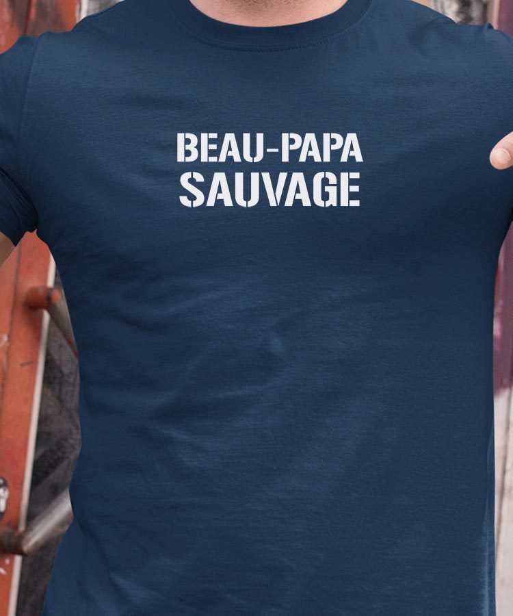 T-Shirt Bleu Marine Beau-Papa sauvage Pour homme-1