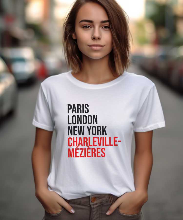 T-Shirt Blanc Paris London New York Charleville-Mézières Pour femme-1