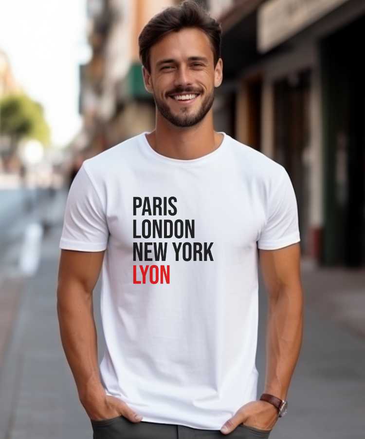 T-Shirt Blanc Paris London New York Lyon Pour homme-1