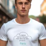 T-Shirt Blanc Tu penses que je t'écoute mais dans ma tête je suis à Paris Pour homme-1